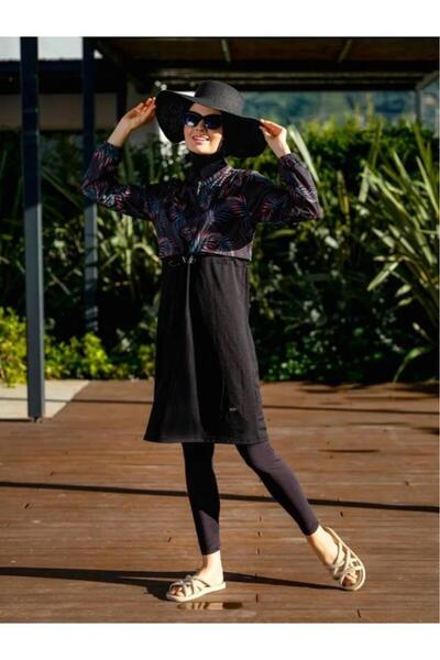 TESMAY Women's Patterned Lycra Full Covered Hijab Swimsuit 21103-25 Black