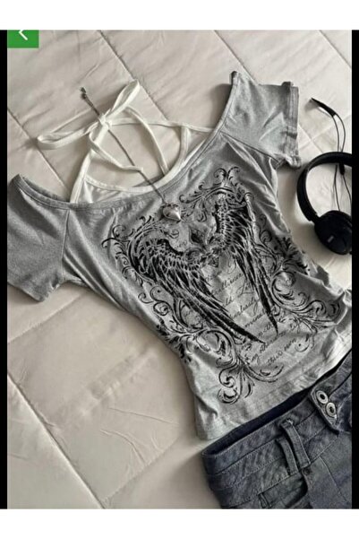 İsra Ayyıldız Moonstar Collection Gotik Wing Note Y2K Kısa Kollu Crop