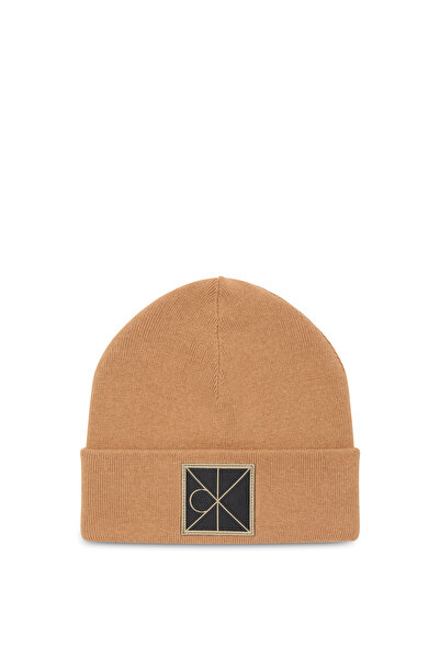 Calvin Klein Men Tan Emblem Patch Fine Rib Beanie