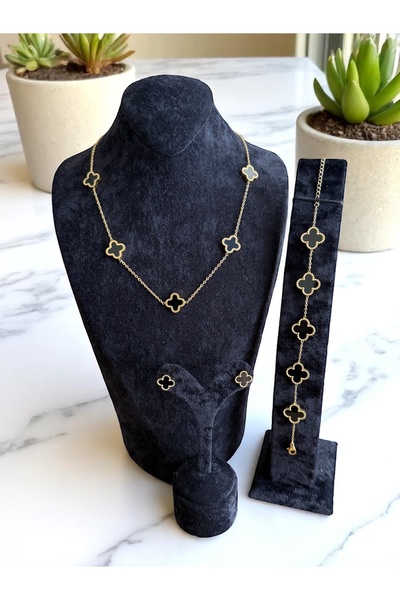 LAVDERUAR Sarı Siyah Beş Yapraklı Yonca Paslanmaz Çelik Seti Cns100