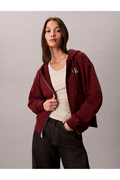 Calvin Klein Women Red Monogram Terry Zip Up Hoodie