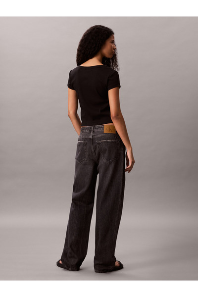 Calvin Klein Women Black Slim Fit Ribbed Cotton Badge T-shirt