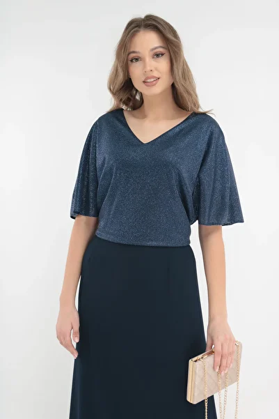 Trend Land Long navy blue dress with glitter on the top