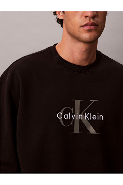 Calvin Klein Men Black Monogram Crew Neck Pullover Sweatshirt