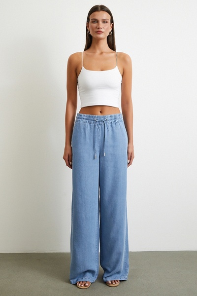 Never more Elastic Waist Lace-Up Wide Leg Trousers Blue