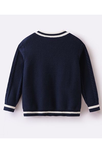SAPS Button-Up Cable Knit Sweater with Striped Edges - Navy