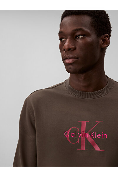 Calvin Klein Men Brown Monogram Crew Neck Pullover Sweatshirt