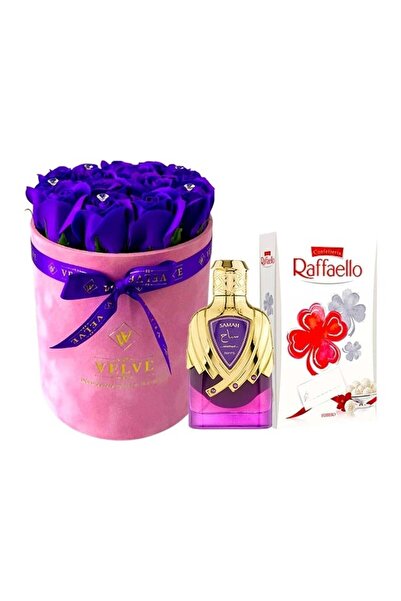 velve Pachet Crystal Beauty, aranjament floral, Extrait de parfum Samah Amethyst, praline Raffaello, Mov