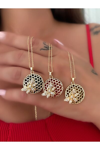 MyladyAccessoriess قلادة من الفولاذ بتفاصيل قرص العسل والنحل باللون الأحمر