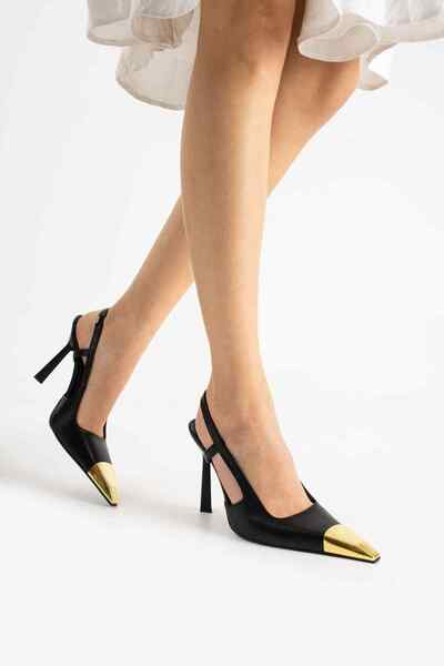 TubiBella Black Colored Satin Stiletto with Gold Metal Toe Detail