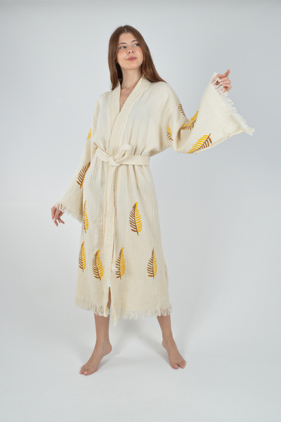 REİNA TEKS Kimono Kaftan Cotton Printed Belted 1 Piece Unisex Muslin Fabric Peshtemal Bathrobe