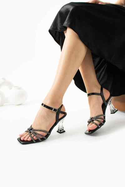 TubiBella Knot Detailed Stone Patterned Black Colored Transparent Heeled Stiletto