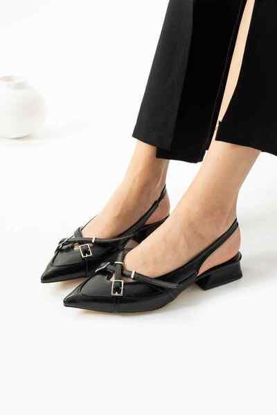 TubiBella Black Colored Square Heeled Stiletto with Buckle and Cross Strap Detail