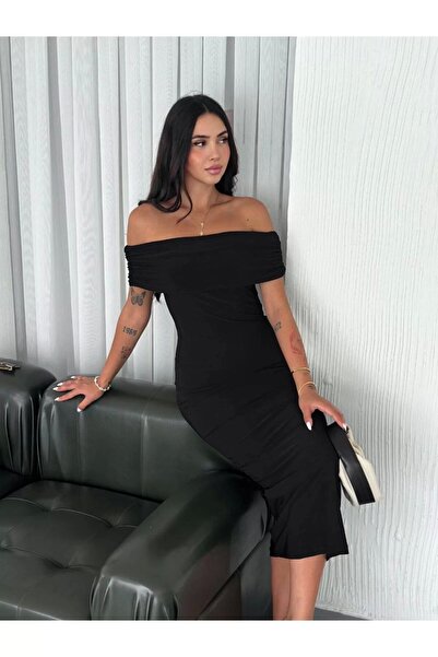 bysoca Kadın Siyah Madonna Yaka Düşük Omuz Vücudu Saran Sandy Kumaş Midi Boy Davet Elbisesi