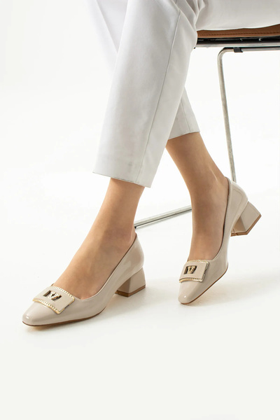 TubiBella Cream Colored Square Heeled Patent Leather Stiletto with Buckle Detail