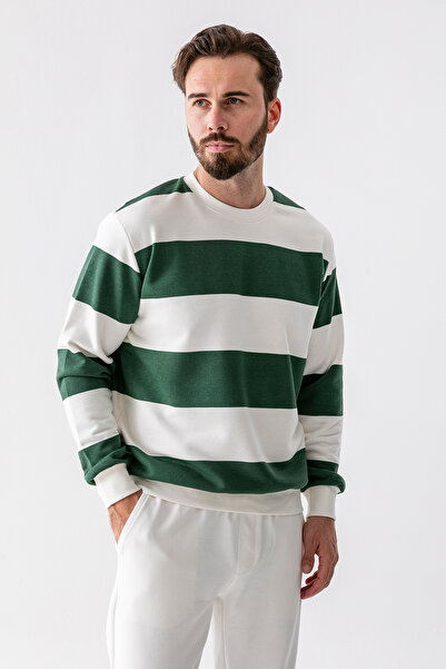 JB John Borners Ανδρικό φούτερ με ριγέ λαιμόκοψη 3 κλώνων πράσινο - 25K 5790-1