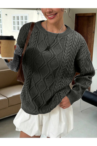 AQE FASHION Women's Comfortable Fit Hair Knitted Patterned Crew Neck Casual Winter Anthracite Knitwear Sweater