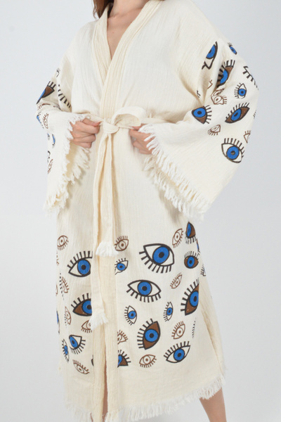 REİNA TEKS Kimono Kaftan Cotton Printed Belted 1 Piece Unisex Muslin Fabric Peshtemal Bathrobe