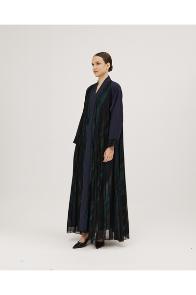 SOROSE SA Barbie Cloche Abaya with Wrap Design and Inverted Sleeve - Navy Blue with Chiffon Covered Floral Lining