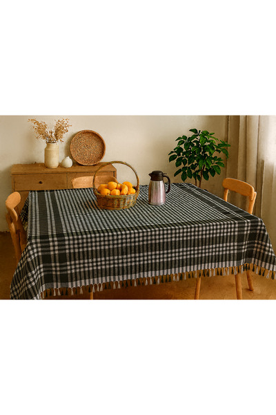 Teksev Fringed Piti Checkered Tablecloth 150X150 cm – Multi-Purpose Cover for...