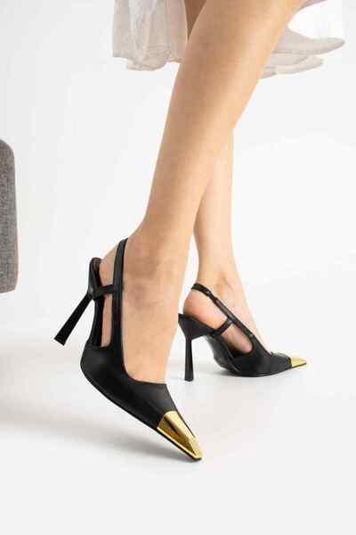 TubiBella Black Colored Satin Stiletto with Gold Metal Toe Detail