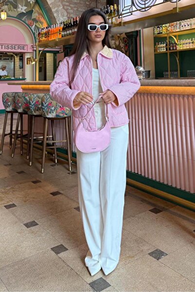 Madmext Růžový kostkovaný dámský kabát s kapsami Mg2488