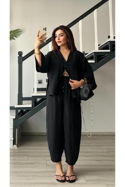 Oslove Black One Button Blouse-Pants Suit