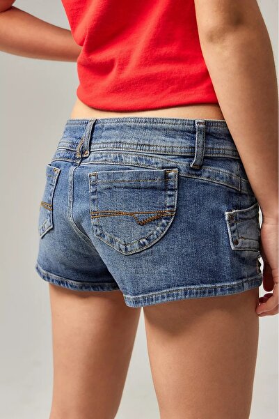 september island Vintage Mavi Yırtık Detaylı Süper Mini Jeans Şort