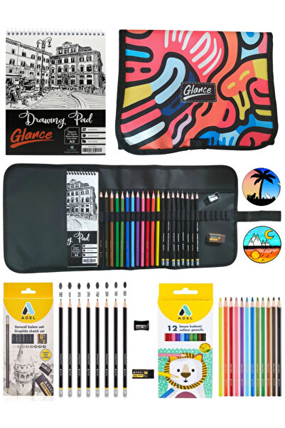 GLANCE A5 Sketchbook Pocket Color Pen Holder 24 Compartment Set Graduated Pen Set 8 Colored Crayons 12 Colors