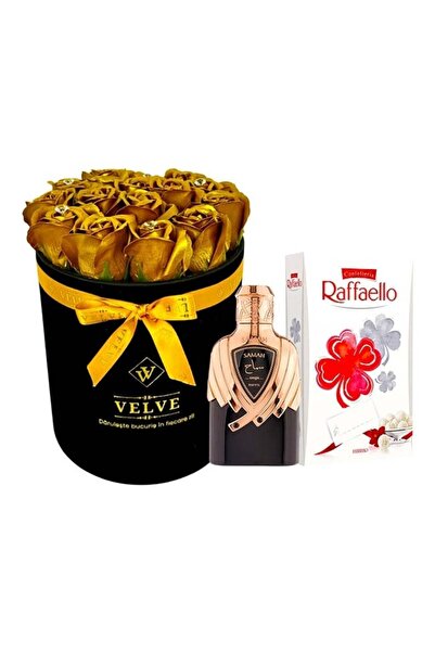 velve Pachet Crystal Beauty, aranjament floral, Extrait de parfum Samah Onyx, praline Raffaello, Auriu