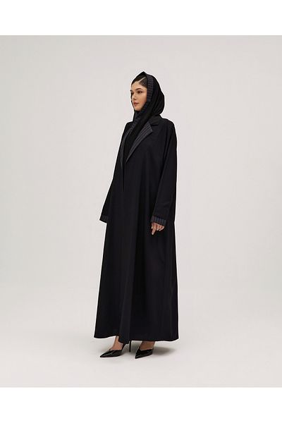 SOROSE SA Black Cobra wrap abaya, half-flare, with a striped turn-down collar, in navy blue