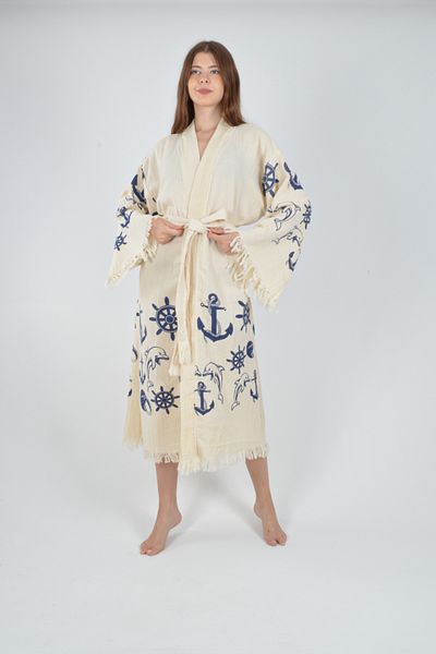 REİNA TEKS Kimono Kaftan Cotton Printed Belted 1 Piece Unisex Muslin Fabric Peshtemal Bathrobe