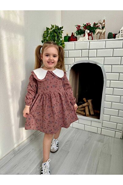 kidsense Özel Tasarım Bebe Yaka Çiçekli Kız Çocuk Elbise