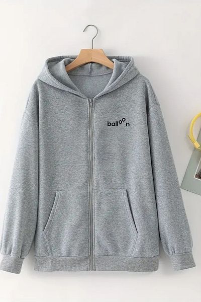 CLAYES Unisex Gray Hooded Zippered Cardigan – Baloon Printed, Thick Fabric with Hood
