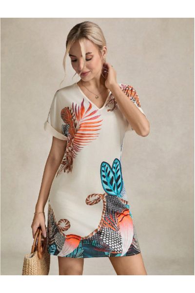JANES Women's Short Sleeve V Neck Patterned Mini Atlas Dress