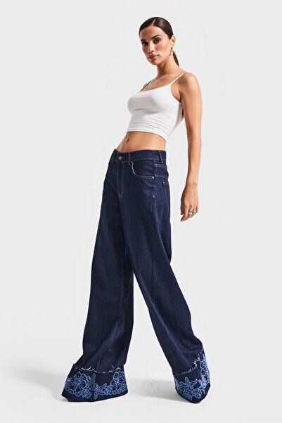 its basic Culoarea albastru indigo pentru femei 7w5-50 Palazzo Fit țesătură din viscoză, broderie florală, design special, blugi din denim