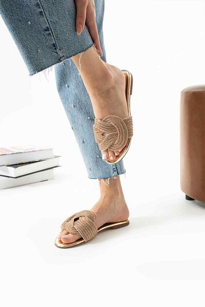 TubiBella Beige Colored Slippers with Knot Detail and Stone Pattern