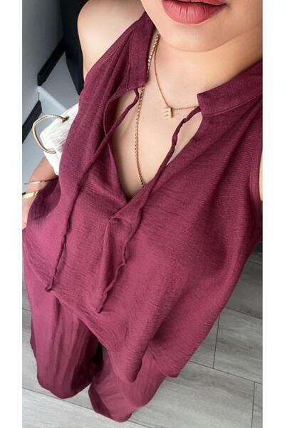 Oslove Burgundy Self Textured Tie-Up Blouse-Pants Set