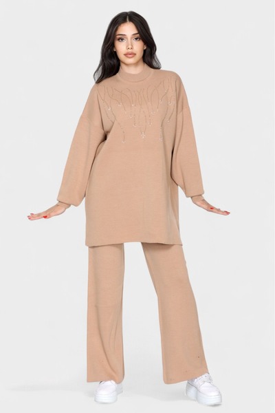 NEWCO Stylish Stone Embroidered Oversize Knitwear Tunic and Wide Leg Pants Combination Half Turtleneck Two-Piece Suit