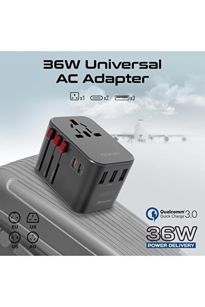 Promate 8 in 1 Portable Travel Kit, 20000mAh Power Bank, 36W Universal AC Adapter, POWERGEAR-PRO