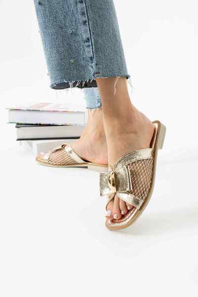 TubiBella Bow Detailed Mesh Patterned Gold Colored Slippers