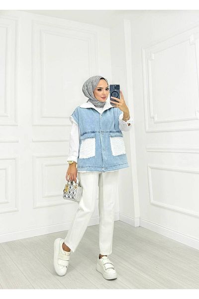 Pamuk Butik Women's Fur Pocket Denim Vest