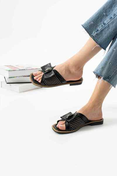 TubiBella Bow Detailed Mesh Patterned Black Colored Slippers