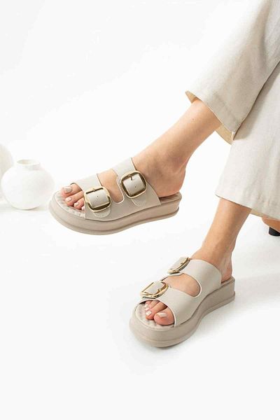 TubiBella Beige Colored Orthopedic Sole Slippers with Buckle Detail