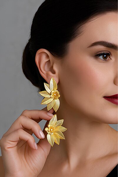 The Collection Vintage Yaprak Gold Çiçek Küpe