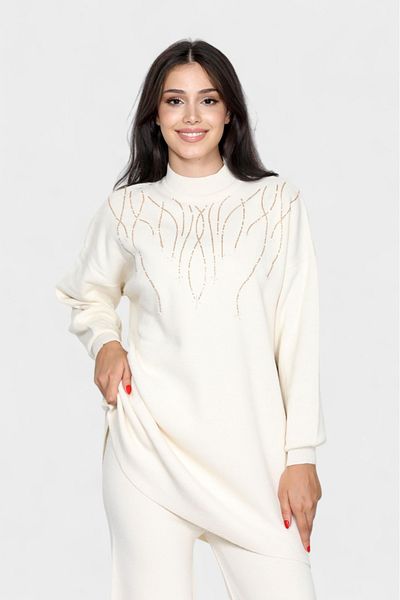 NEWCO Stylish Stone Embroidered Oversize Knitwear Tunic and Wide Leg Pants Combination Half Turtleneck Two-Piece Suit