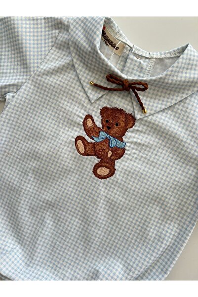 il mio bambino İl Mio Bambino Handmade 100% Cotton Baby Boy Teddy Bear Embroidered Shirt - Blue Plaid - Short Sleeve
