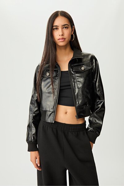Stradivarius Short leather effect jacket with buttons