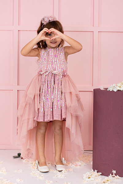 SÜSLÜ PİNK KİDS KIZ ÇOCUK KUYRUKLU ABİYE ELBİSE