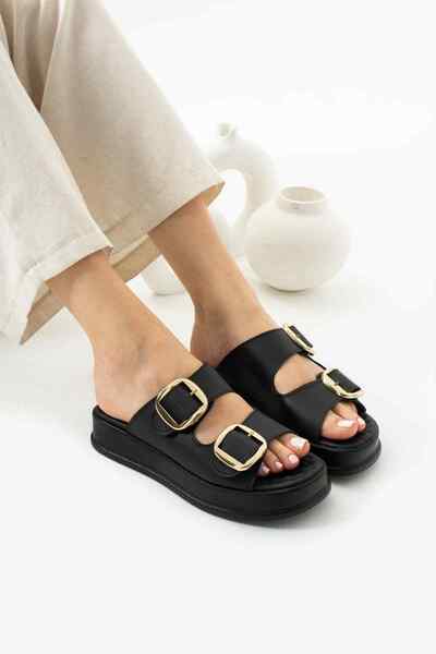 TubiBella Black Colored Orthopedic Sole Slippers with Buckle Detail